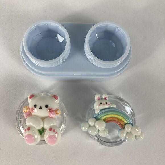 Portable Contact Lens Case Compact Size Home Travel Bear Bunny Rainbow Cute Kids - Picture 3 of 3